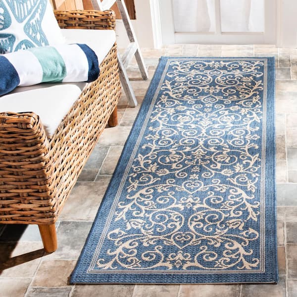 Courtyard Blue/Natural 2 ft. x 12 ft. Border Indoor/Outdoor Patio  Runner Rug