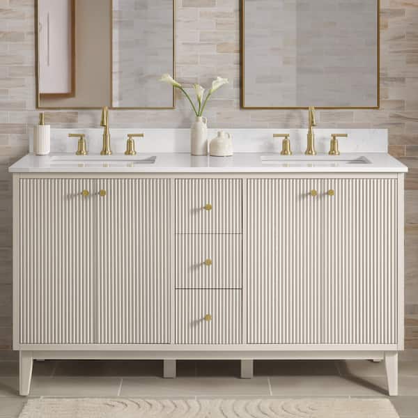Sylvie 60 in. Double Sink Fluted Dove Bathroom Vanity with Volakas Engineered Stone Top (Assembled)