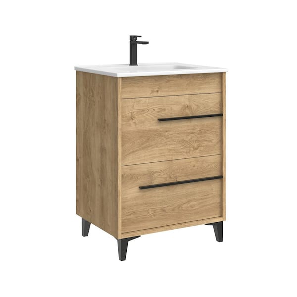 WS Bath Collections Lotus 24.0 in. W Single Basin Freestanding Bath Vanity in Natural Oak with Ceramic White Top