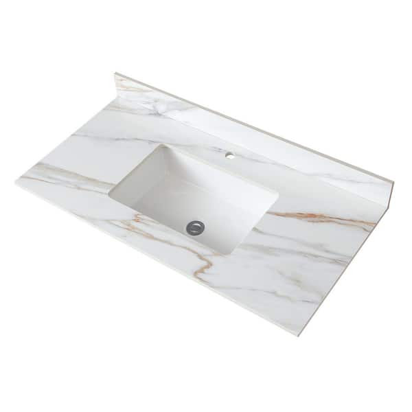 43 in. W x 22 in. D Marble White Rectangular Sink Vanity Top in White with 4" Height Backsplash, Pre-Drilled Faucet Hole