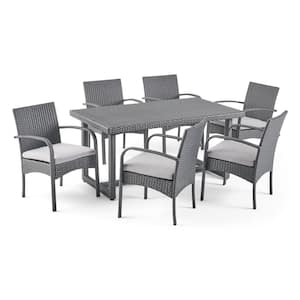 Harlowe Grey 7-Piece Faux Rattan Rectangle 28 in. Outdoor Dining Set with Grey Cushions