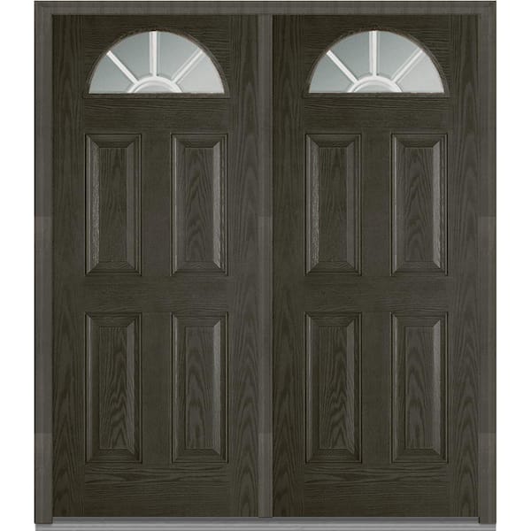 MMI Door 72 in. x 80 in. White Internal Grilles Left-Hand Inswing Fan Lite Clear Stained Fiberglass Oak Prehung Front Door