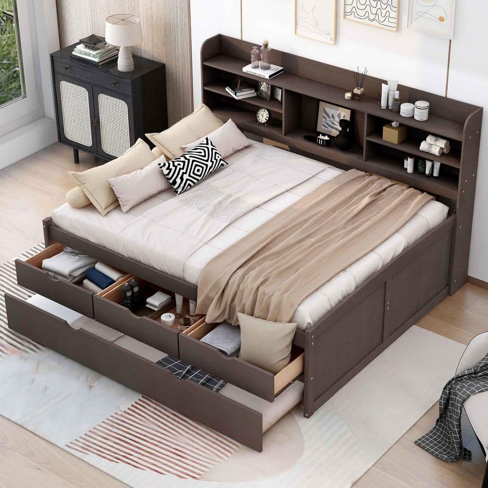 Antique Gray Wood Frame Full Size Platform Bed with Built-in Bookshelves,3 Storage Drawers and Trundle price history on PriceWatchPro