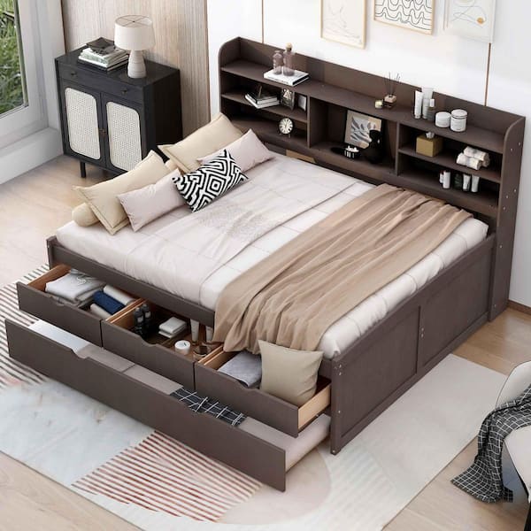 Antique Gray Wood Frame Full Size Platform Bed with Built-in Bookshelves,3 Storage Drawers and Trundle