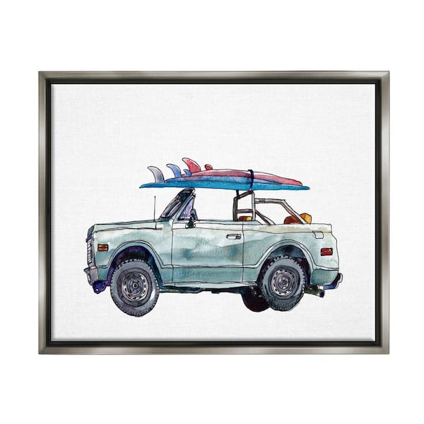 The Stupell Home Decor Collection Retro Beach Cruiser with Surfboard Illustration by Paul McCreery Floater Frame Travel Wall Art Print 21 in. x 17 in.