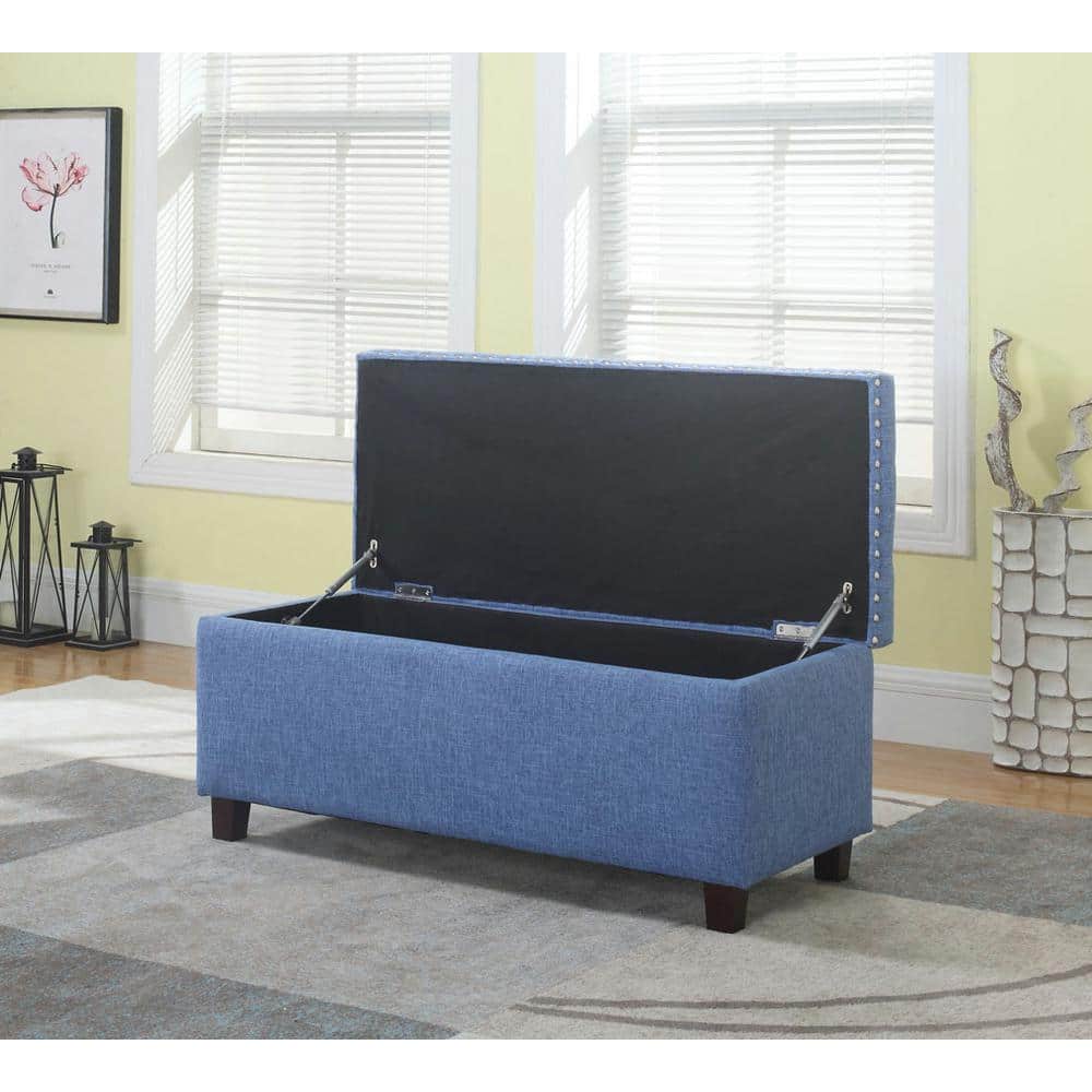 Blue Button Tufted Storage Ottoman with Nailhead Trim