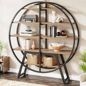 Eulas 67 in. Round Light Brown 5-Tiers Industrial Bookshelf Etagere Bookcase with Open Back