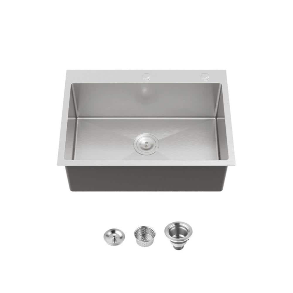 27 in. Drop-In Single Bowl 20 Gauge Silver Stainless Steel Kitchen Sink with Drain and Hook