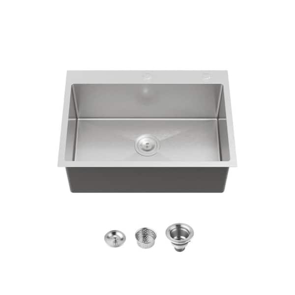 27 in. Drop-In Single Bowl 20 Gauge Silver Stainless Steel Kitchen Sink with Drain and Hook