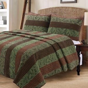 Rich Warm Chocolate Forest Country Wood Leaves 3-Piece Dark Brown Green Stripe Cotton King Quilt Bedding Set