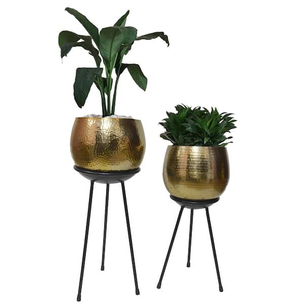 2-Piece Metal Planter Set Garden Pot Tripod Stand Home Decor Indoor Gold Finish 