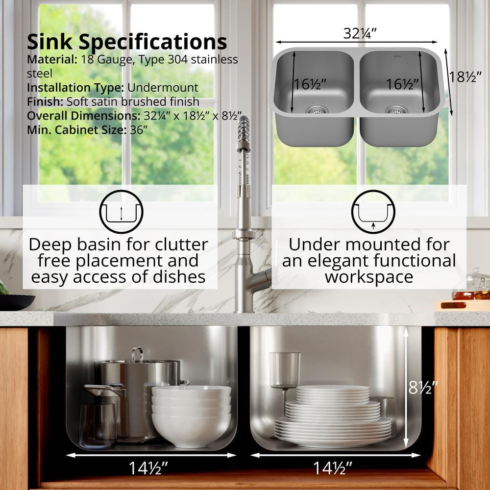 Karran 32'' Stainless Steel Double Bowl Undermount Kitchen Sink Kit