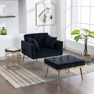 Black Velvet Upholstered Accent Chair with 3-Positions Adjustable Backrest, Modern Arm Chair and Ottoman Set