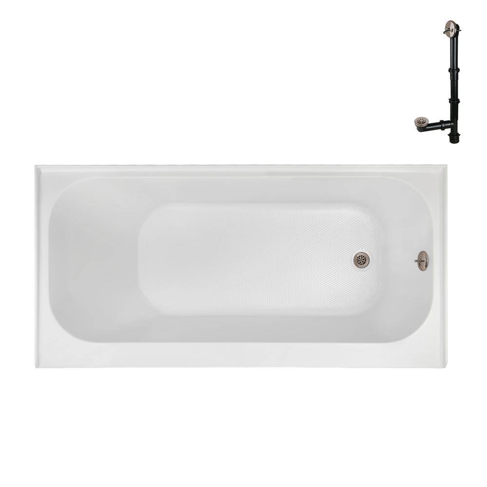Glossy White Acrylic Right-Hand Drain Alcove Bathtub with Brushed Nickel Drain
