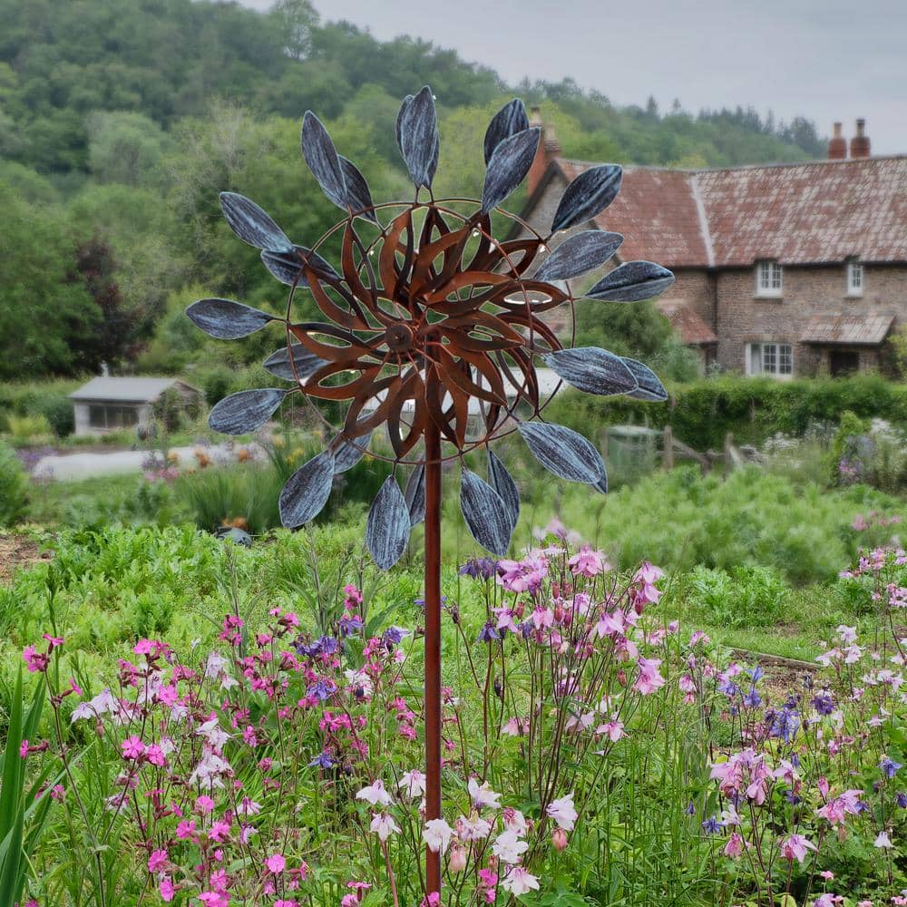 Blue and Brown Iron Dual-Blade Garden Wind Spinner