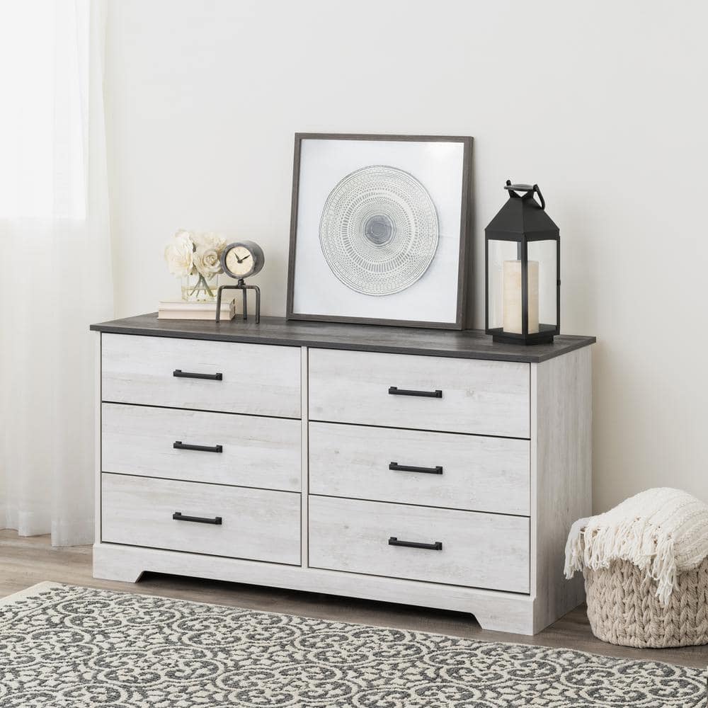 Washed White Farmhouse 6-Drawer Dresser with Soft Close