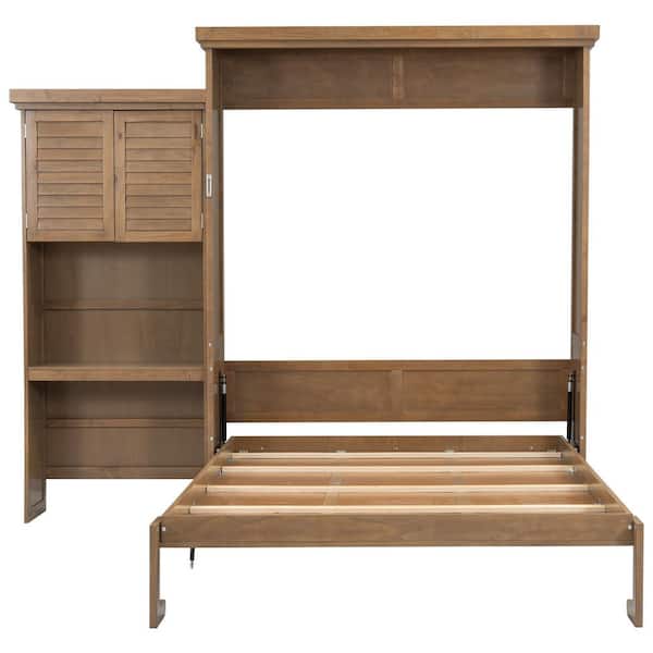 Brown Louvered Style Wood Frame Queen Size Murphy Bed with Multiple Storage Shelves