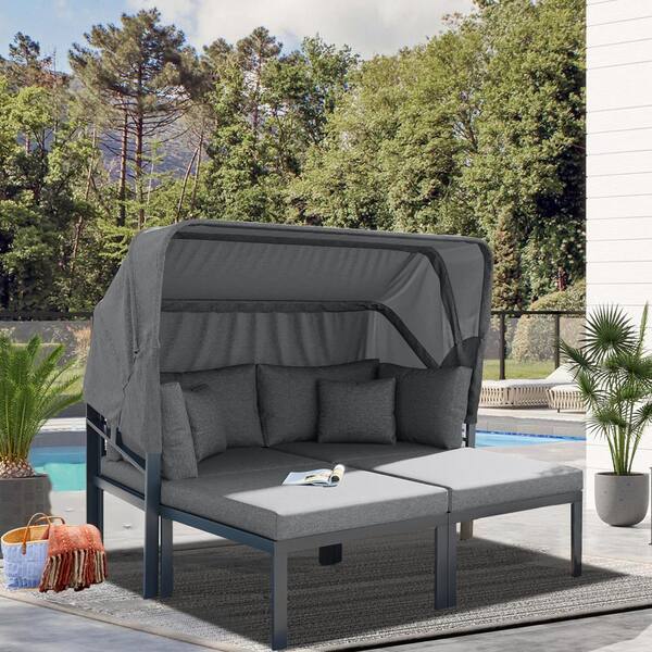 Unbranded 3 Piece Metal Outdoor Day Bed with Retractable Canopy Sectional Sofa Set Sun Lounger with Gray Cushions FJRDM0516175