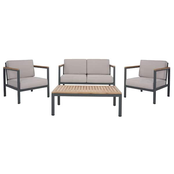 SAFAVIEH Chicopee Natural 4-Piece Wood Patio Conversation Set with Ligth Gray Cushions
