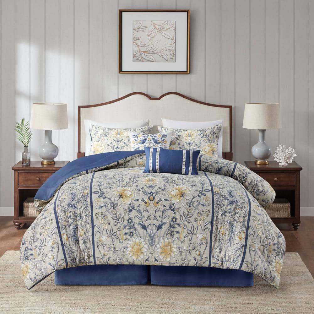 California King Blue Cotton Bedspread Set with Tassels