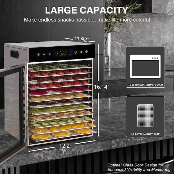 12-Tray Stainless Steel Trays Food Dehydrators, Dehydrator Machine Digital Timer Temperature Control