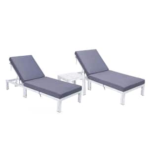 Chelsea Modern Weathered Grey Aluminum Outdoor Patio Chaise Lounge Chair with Side Table and Blue Cushions Set of 2