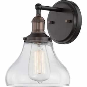 Vintage 7 in. 1-Light Rustic Bronze Wall Sconce with Clear Glass Shade