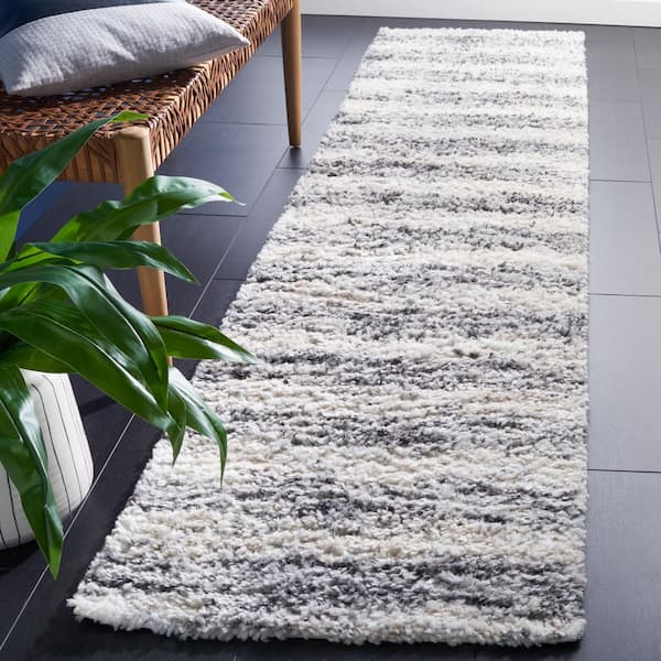 Berber Shag 2 ft. x 9 ft. Charcoal/Gray Distressed Striped Runner Rug
