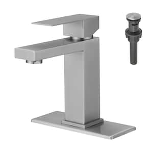 Single Handle Single Hole Bathroom Faucet with Deckplate Included, Pop Up Drain and Water Supply Hoses in Brushed Nickel