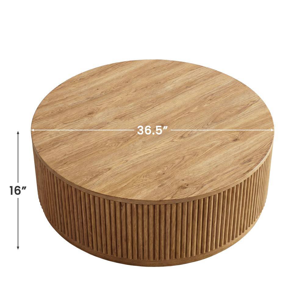 Round natural wood coffee table with fluted base and dimensions