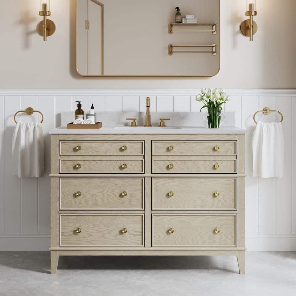 ANGELES HOME 48 in. Oak Solid Wood Bath Vanity with White Quartz Top ...