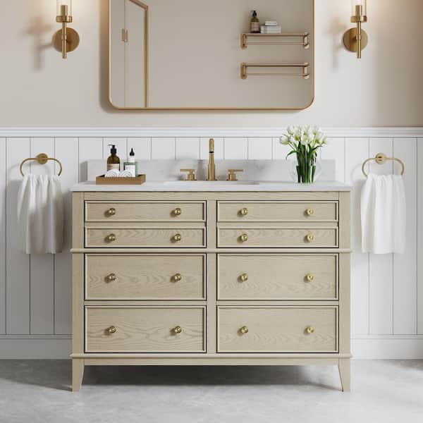 ANGELES HOME 48 in. Oak Solid Wood Bath Vanity with White Quartz Top, Single Sink, Soft-Close Drawers, CUPC Certified, Assembled