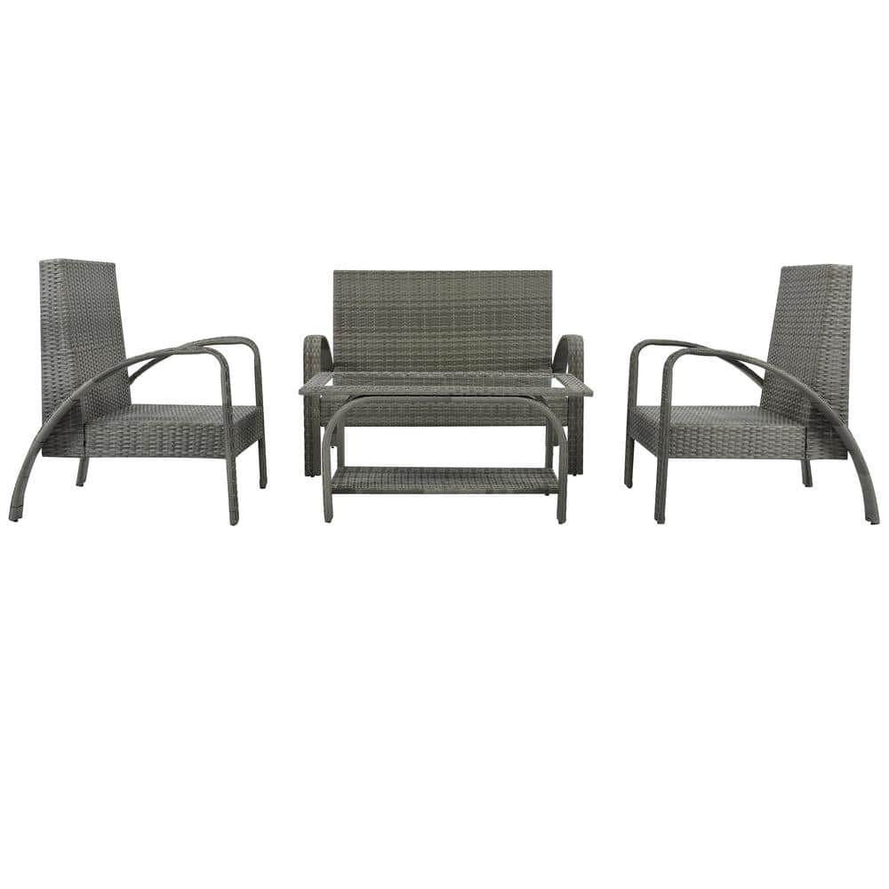 4-Piece PE Wicker Outdoor Sectional Rattan Sofa Set with Tempered Glass Sto