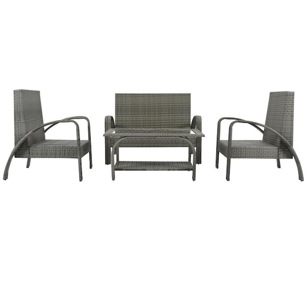 Unbranded 4-Piece PE Wicker Outdoor Sectional Rattan Sofa Set with Tempered Glass Storage Tea Table Gray Cushions