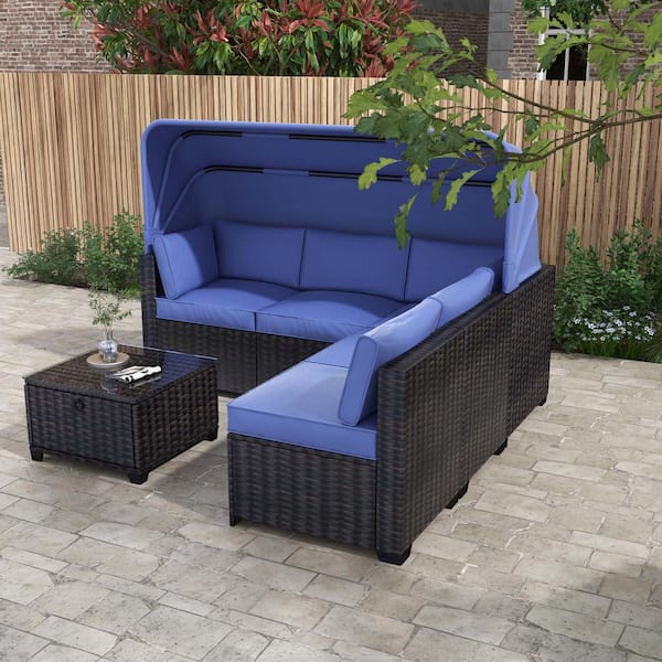 Tenleaf 6-Piece Brown Wicker Outdoor Sectional Set Rattan Day Bed with Blue Cushions Retractable Canopy and Adjustable Backrest