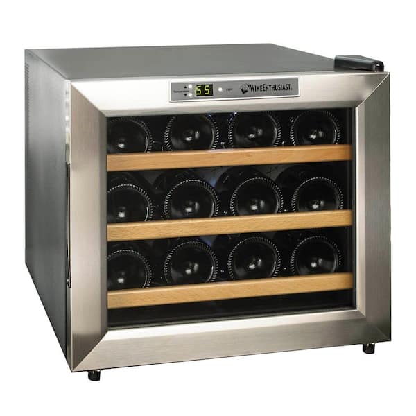 Wine Enthusiast Silent 12-Bottle Wine Cooler in Stainless Steel with Wood Shelves
