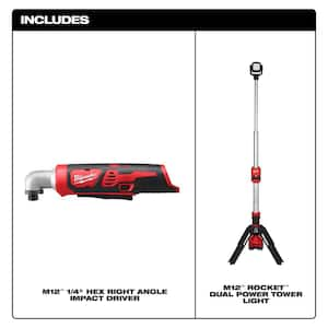 M12 12V Lithium-Ion Cordless 1/4 in. Right Angle Hex Impact Driver w/M12 1400 Lumen ROCKET LED Stand Work Light