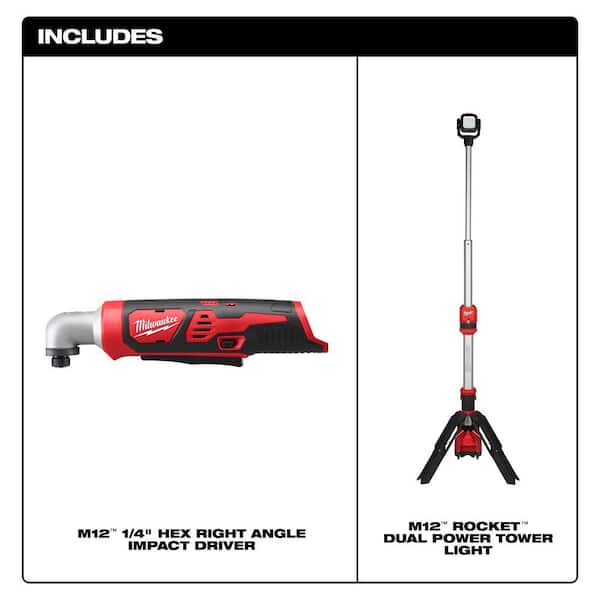 M12 12V Lithium-Ion Cordless 1/4 in. Right Angle Hex Impact Driver w/M12 1400 Lumen ROCKET LED Stand Work Light