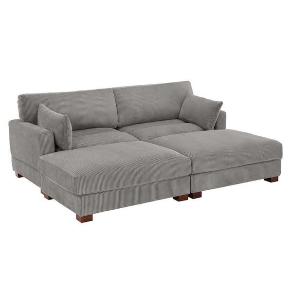 Uixe 88 in. Modern Square Arm Corduroy Fabric Upholstered Sectional Sofa in. Light Gray With Two Ottomans And Wood Leg