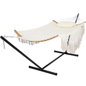 12 ft. Portable Hammock with Stand Included Double Fabric Hammock with Curved Spreader Bar and Decorative Tassels, Beige
