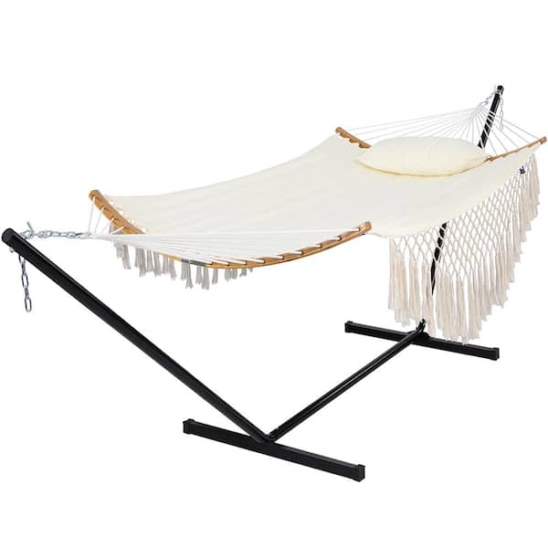 Atesun 12 ft. Portable Hammock with Stand Included Double Fabric Hammock with Curved Spreader Bar and Decorative Tassels, Beige