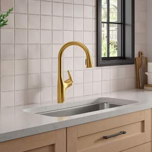 Safia 1-Handle Pull Down Sprayer Kitchen Faucet with Integrated Soap Dispenser in Vibrant Brushed Moderne Brass