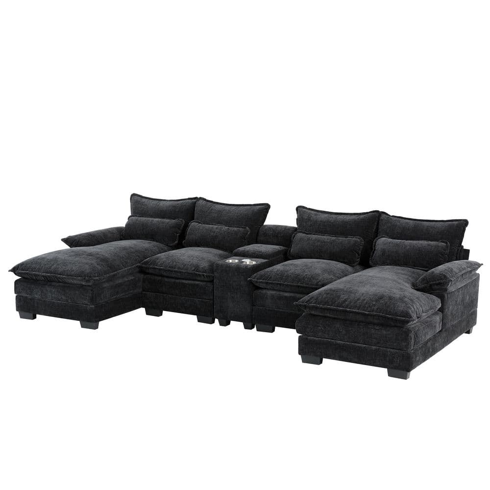 123 in. Chenille U-Shaped Sectional Sofa in Black with Comfy Cloud Couch wi