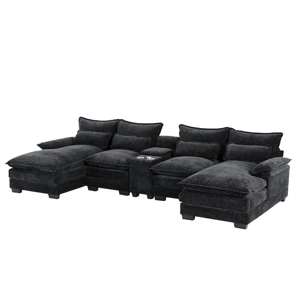 123 in. Chenille U-Shaped Sectional Sofa in Black with Comfy Cloud Couch with Chaise, Cup Holders and USB Charger