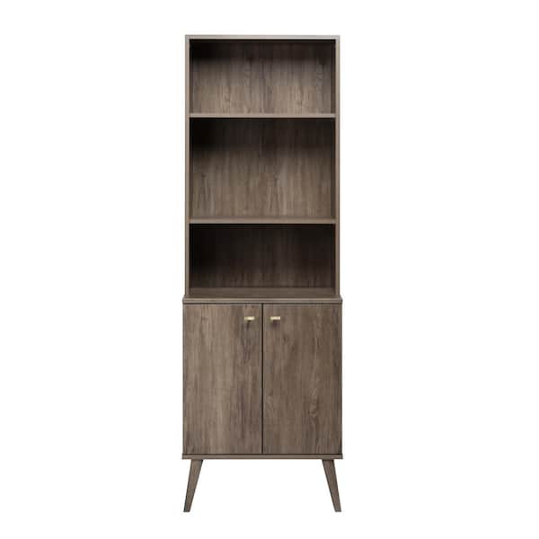 Prepac Milo Mid-Century Modern Bookcase with Adjustable Shelves and Doors, Retro-Inspired Bookshelf with Doors, Drifted Gray