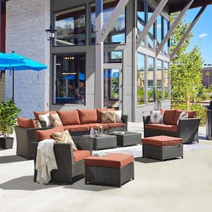 Zeus Brown 12-Piece Wicker Outdoor Patio Conversation Sectional Sofa Set with Orange Red Cushions