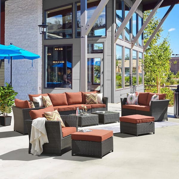 XIZZI Zeus Brown 12-Piece Wicker Outdoor Patio Conversation Sectional Sofa Set with Orange Red Cushions