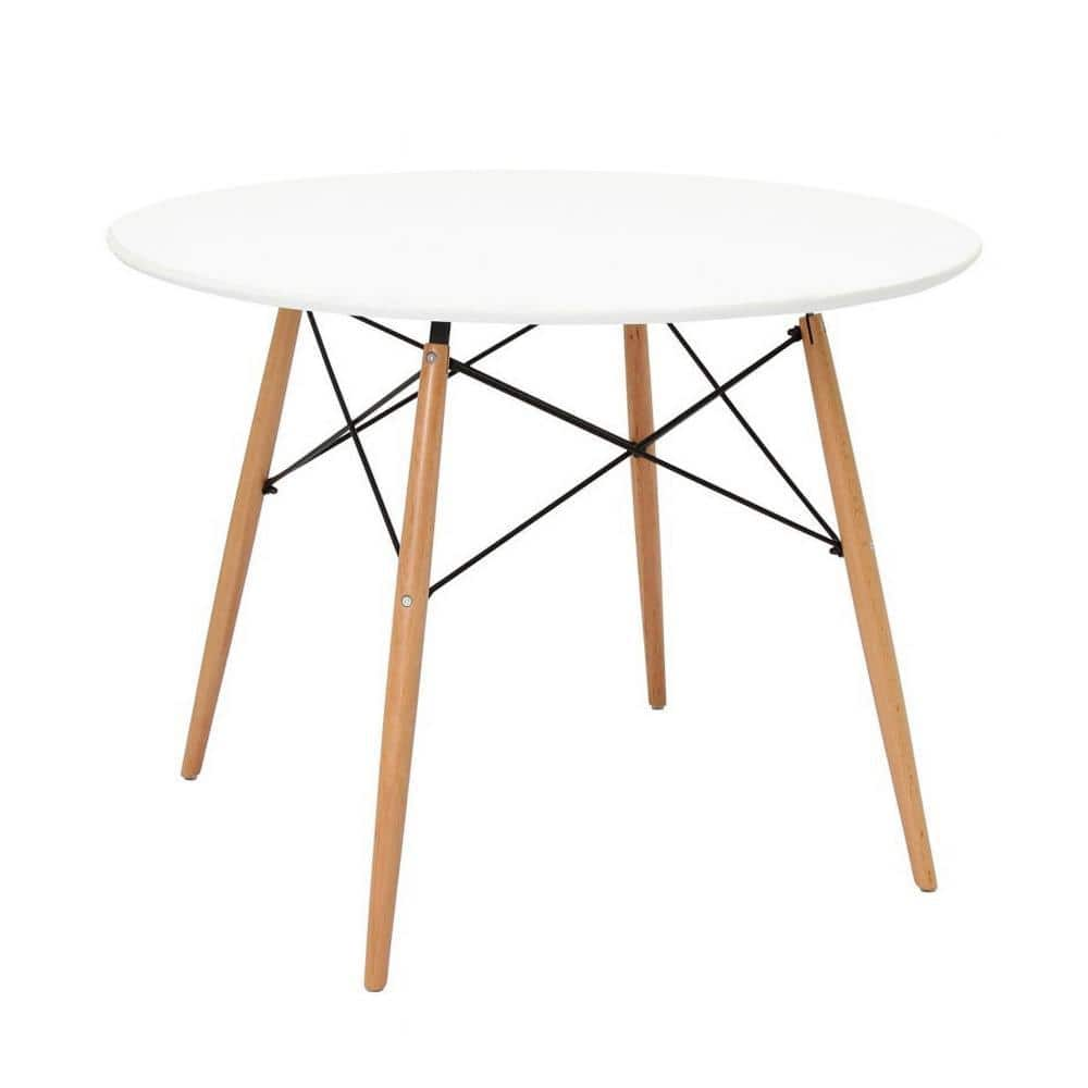 Benjara In White And Brown Beech Wood Dining Accent Table With Round Top Bm The