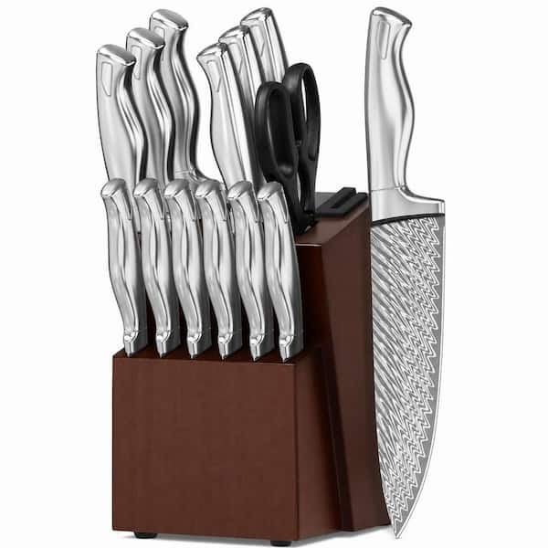 15-Piece Serrated High -Carben Steel Kitchen Knife Set with Block and Built-in Knife Sharpener, German Knife Block Set