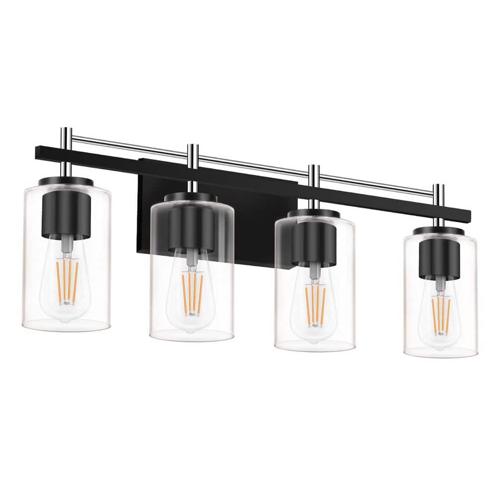 24.12 in. 4-Light Matte Black and Chrome Modern Bathroom Vanity Light with Clear Cylinder Glass Shade price history on PriceWatchPro